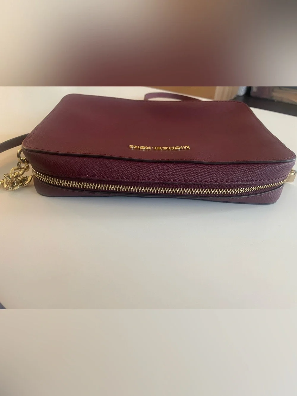 Michael Kors Oxblood Saffiano Leather Crossbody Purse Gold Chain Burgundy